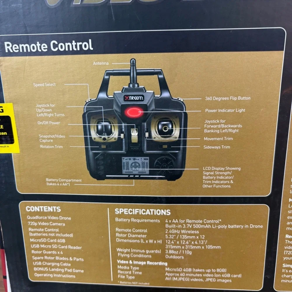 Quad Force Video Drone 4K 720p, SD Card LCD Display. Beginner Drone